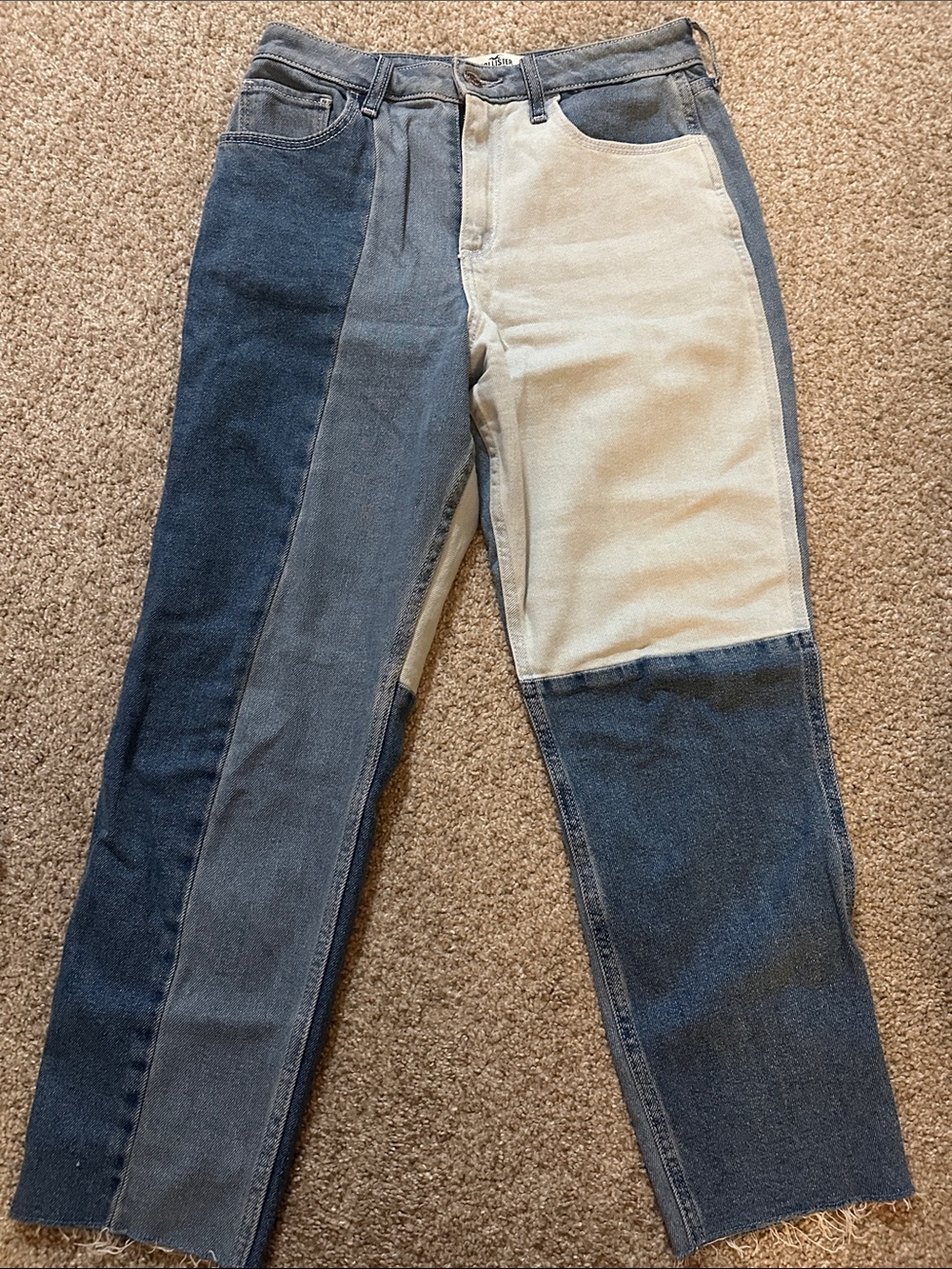 Hollister Two-Tone Patchwork Straight Jeans — Dark Blue and Light Blue